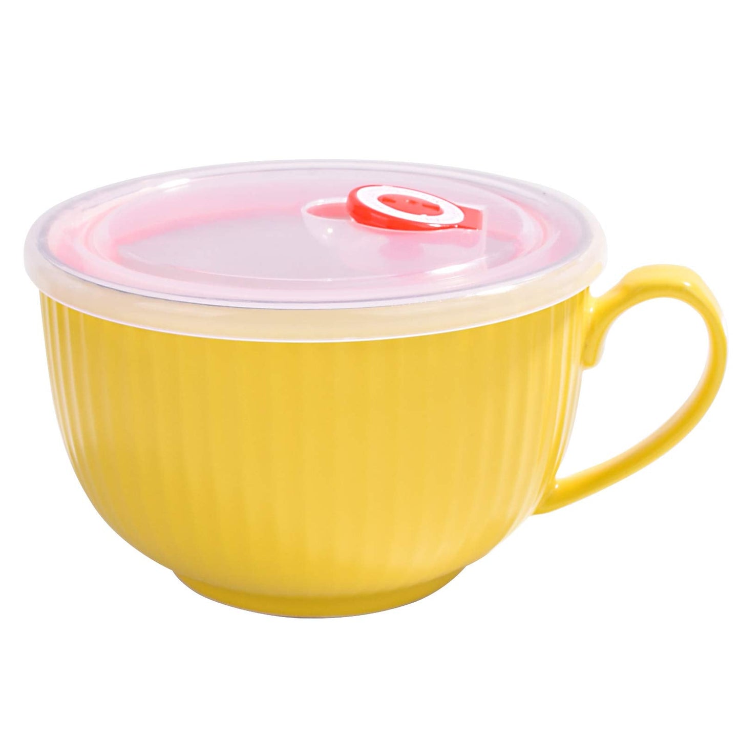 BOSILI 24oz Ceramic Soup Mug with Lid and Handle, Large Microwave Ramen Bowl for Dorm & Office, Vibrant Yellow Ribbed Cereal Cup for Oatmeal & Soup, Dishwasher & Fridge Safe, Gift for Roommates