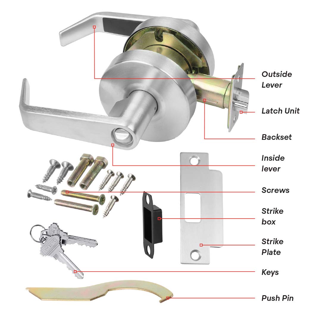 Lawrence Commercial Lever Door Lock - Heavy Duty Locking Commercial Door Handle Keyed Entry, Grade 2 Door Handle with Lock and Key - Brushed Chrome, Entrance/Keylock Function Embassy Series