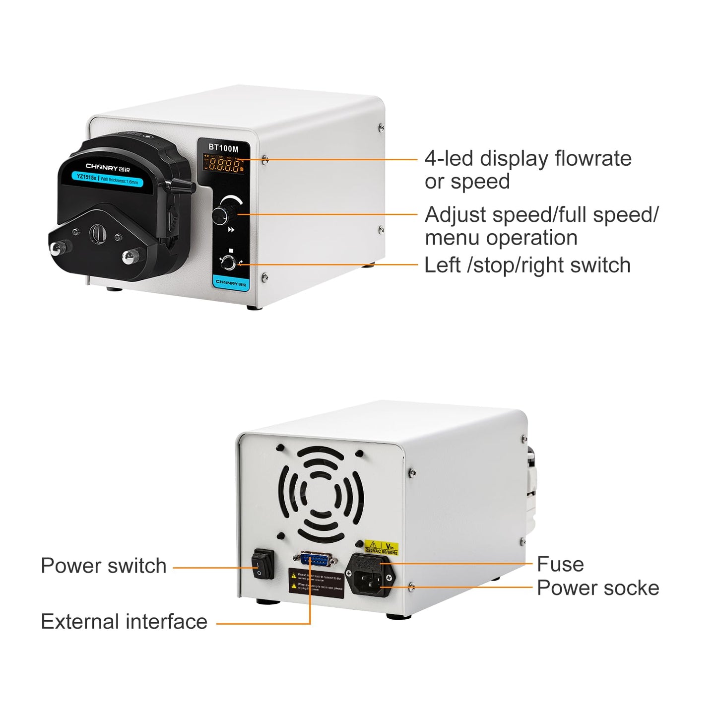 CHONRY BT100M/YZ1515x Peristaltic Pump 0.007-380ml/min High Flow Rate Digital Liquid Transfer Pump 4 Digit Ｄisplay RS485 with Peristaltic Tubing 110V-220V（110V)