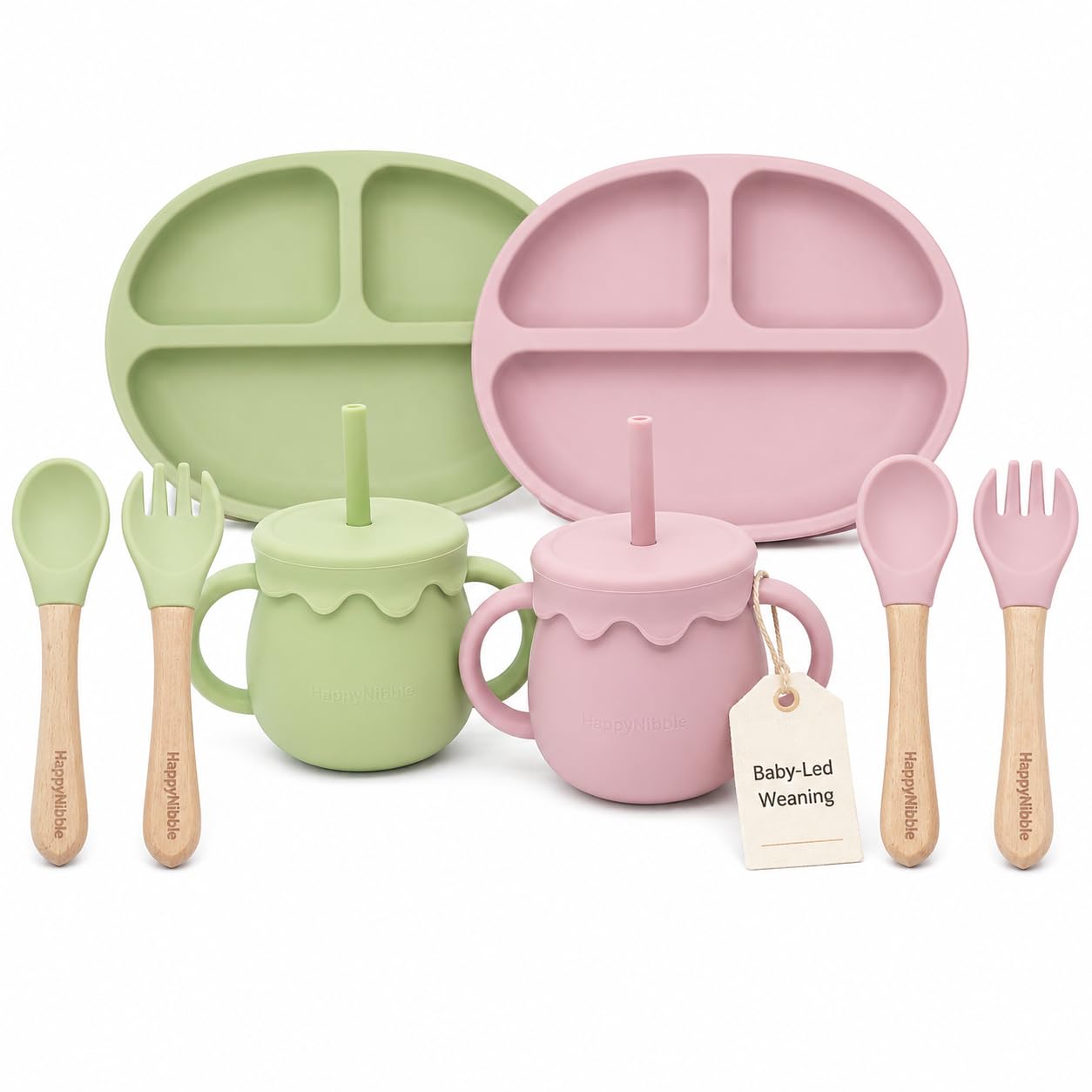 HappyNibble Baby Led Weaning Silicone Feeding Set, 2 Pack - Divided Suction Plates with Lids, 2-in-1 Sippy Cups, Spoons & Forks for Babies 6-36 Months, First Foods Shower Gift, BPA Free