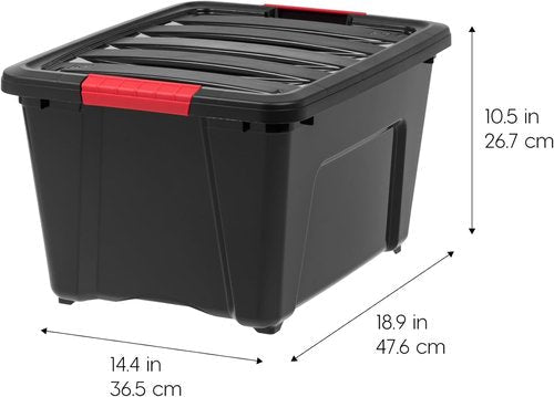 IRIS USA Plastic Storage Box - 30 L (32 QT) BPA-Free Containers with Lid & Latches - Black, 4 Pack