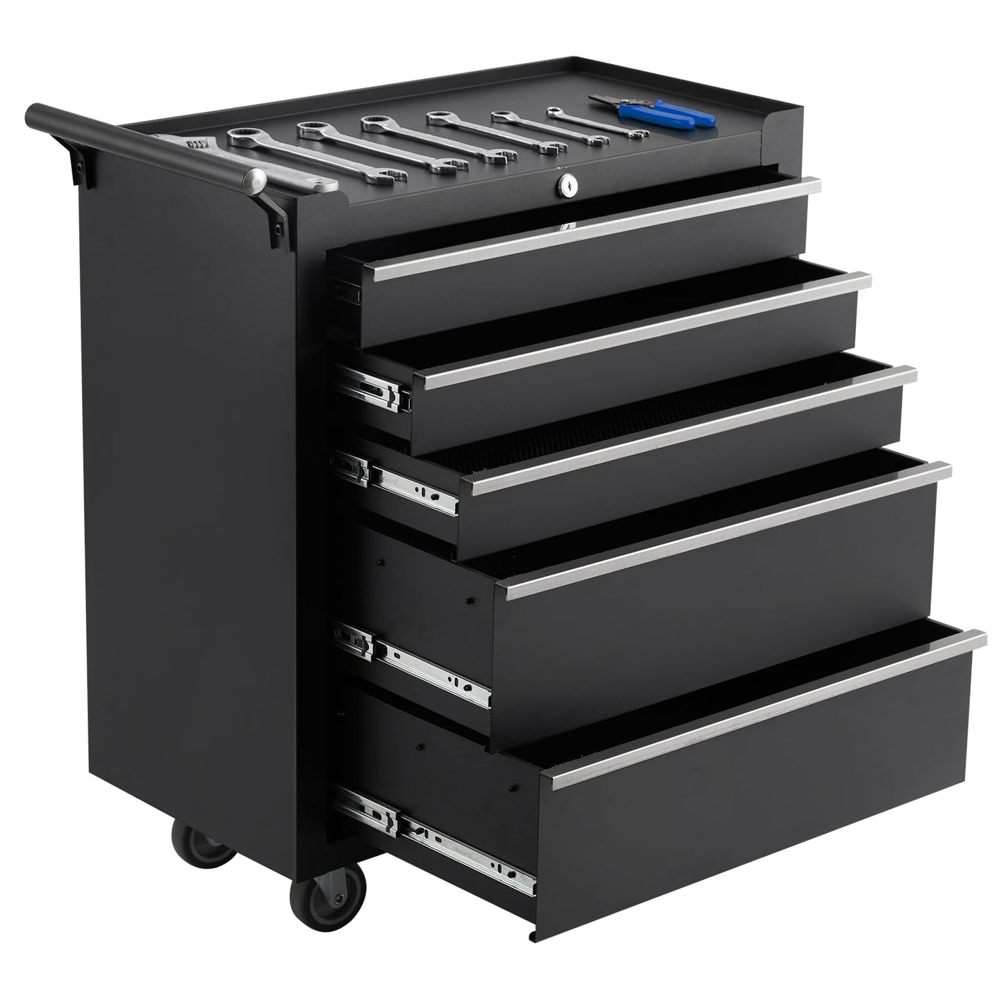 GarveeLife 5-Drawer Tool Box 24" Garage Tool Box with Key Lock and Removable Drawer Liners, Wheeled Design, Suitable for Garages, Warehouses, Workshops, and Repair Shops - Black