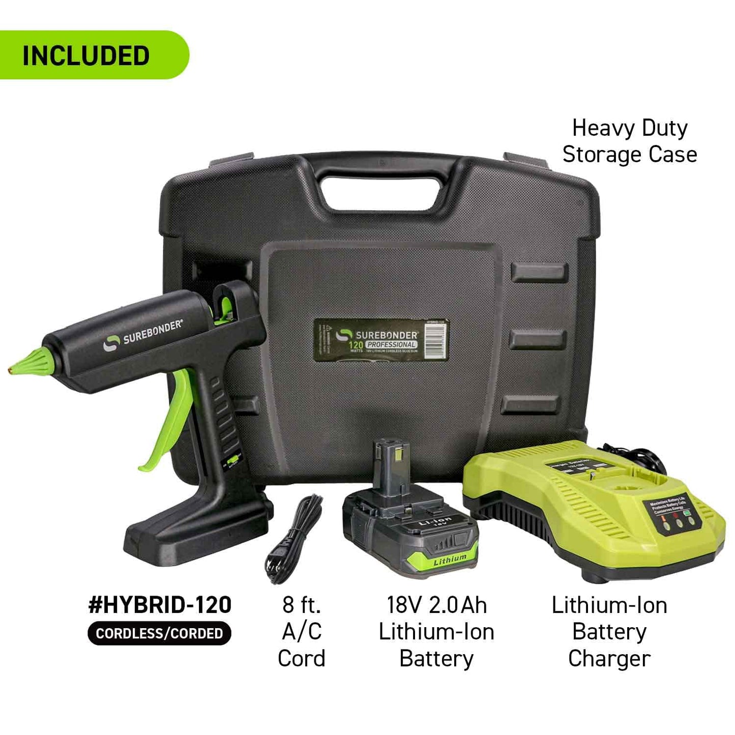 HYBRID-120KIT 120 Watt Corded/Cordless Hybrid Full Size Hot Melt Glue Gun - 18V Lithium-Ion Battery & Charger Included