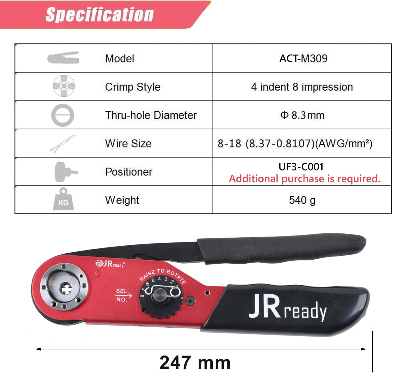 JRready ACT-M309 Hand Tools Cable Crimping Tool Industrial Mid-Current Range Adjustable Indent Crimp Tools Heavy Duty Crimpers Hand Terminal Crimping Tool 8-18AWG