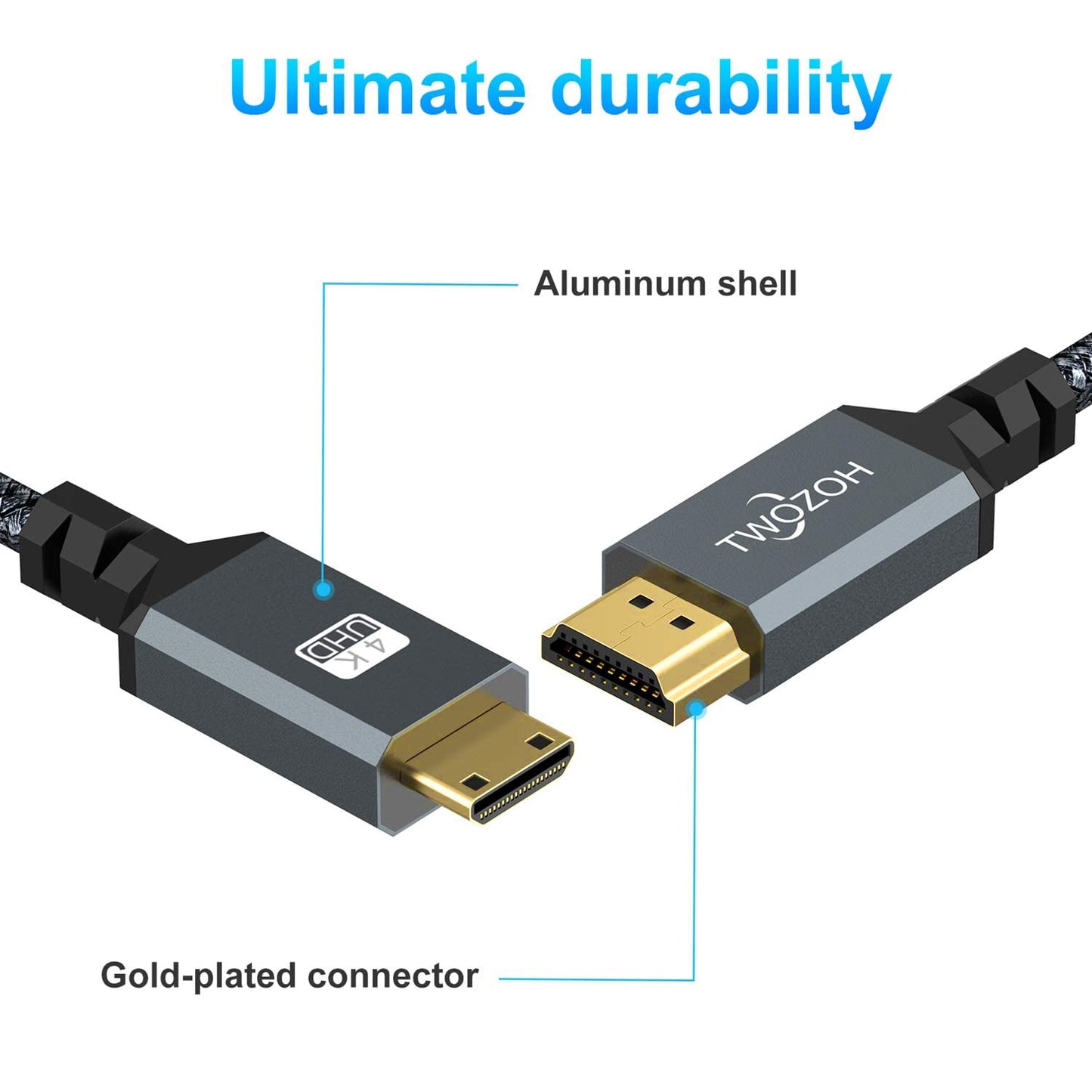 Twozoh 1FT 2 Pack, 3D/4K@60Hz 18Gbps/2160P/1080P Mini HDMI to HDMI Cable Nylon Braided HDMI to Mini HDMI Support