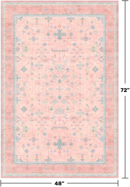 Hazo Haus Nursery Area Rug - Charming Boho Vintage Design | Washable 4x6 Pink Rug for Kids' Rooms