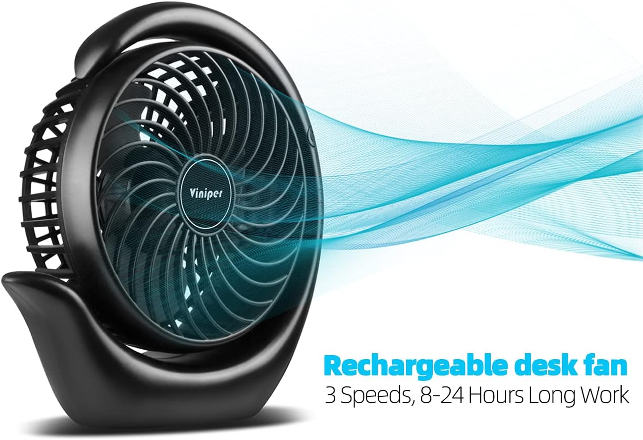 Viniper Portable Rechargeable Fan - 3 Speed Battery Desk Fan with 180° Rotation | 6.2 Inch, Black