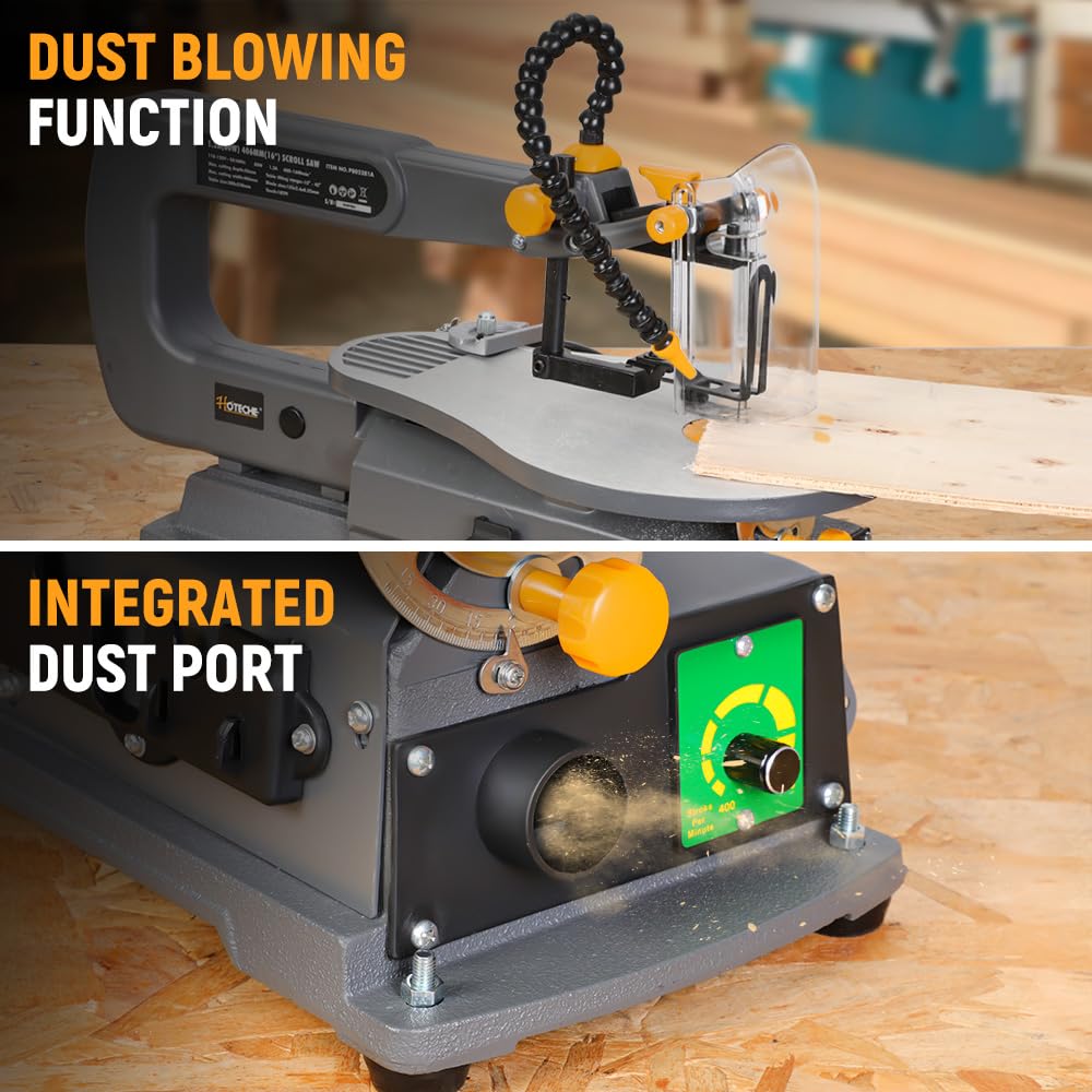 Hoteche 16-inch Power Scroll Saws for Woodworking, 1.2-Amp, Variable Speed, with Large Tilting Working Table and Integrated Dust Port