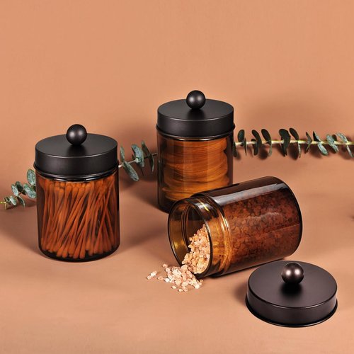 Amber Glass Qtip Holder - Apothecary Jar Set with Brown Metal Lid | Bathroom Organizer for Cotton Swabs (3 Pack, Bronze)