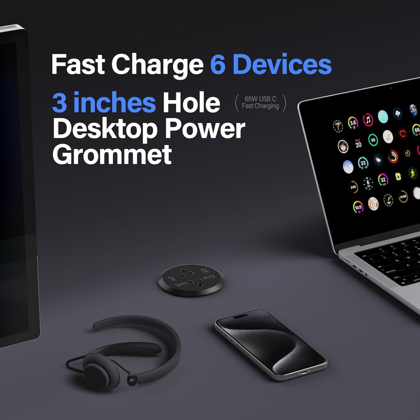 Jgstkcity Grommet, 65W 3inch Hole,2 Outlets,4 Countertop 65W Desktop Power USB C Fast Charging Port, Flush Mount