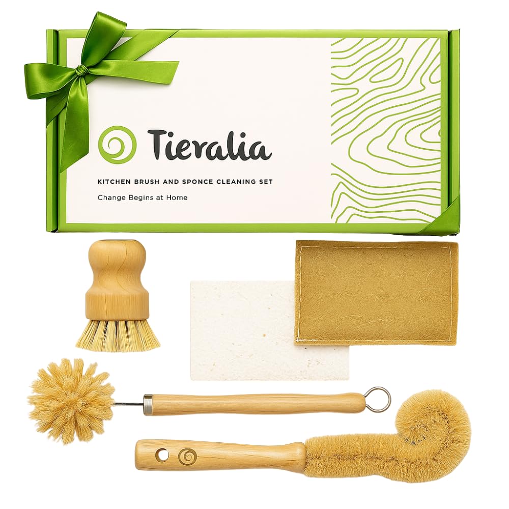 Tieralia Bamboo Dish Brush Gift Set – 5-Piece Kitchen Cleaning Set with Bottle Brush, Round Scrub Brush, Palm Brush & 2 Plant-Based Sponges | Wooden Handle Cleaning Tools for Dishes & Surfaces