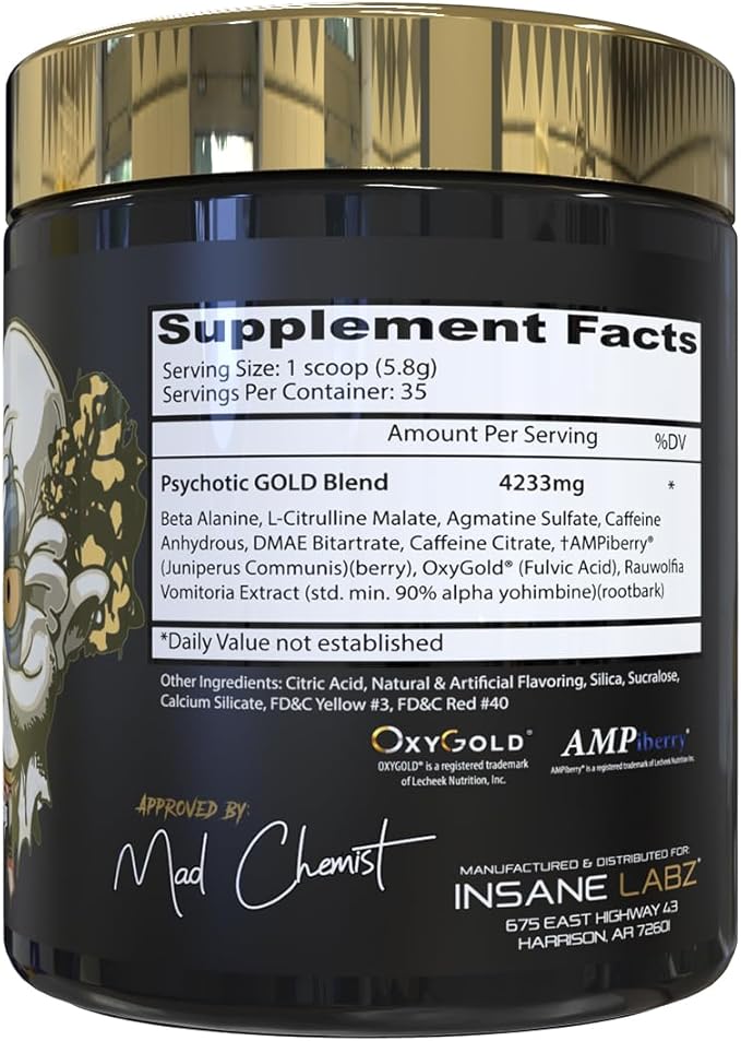Insane Labz Psychotic Gold, High Stimulant Pre Workout Powder, Extreme Lasting Energy, Pumps and Endurance with Beta Alanine, DMAE Bitartrate, NO Booster (35 Servings, Peach Mango)