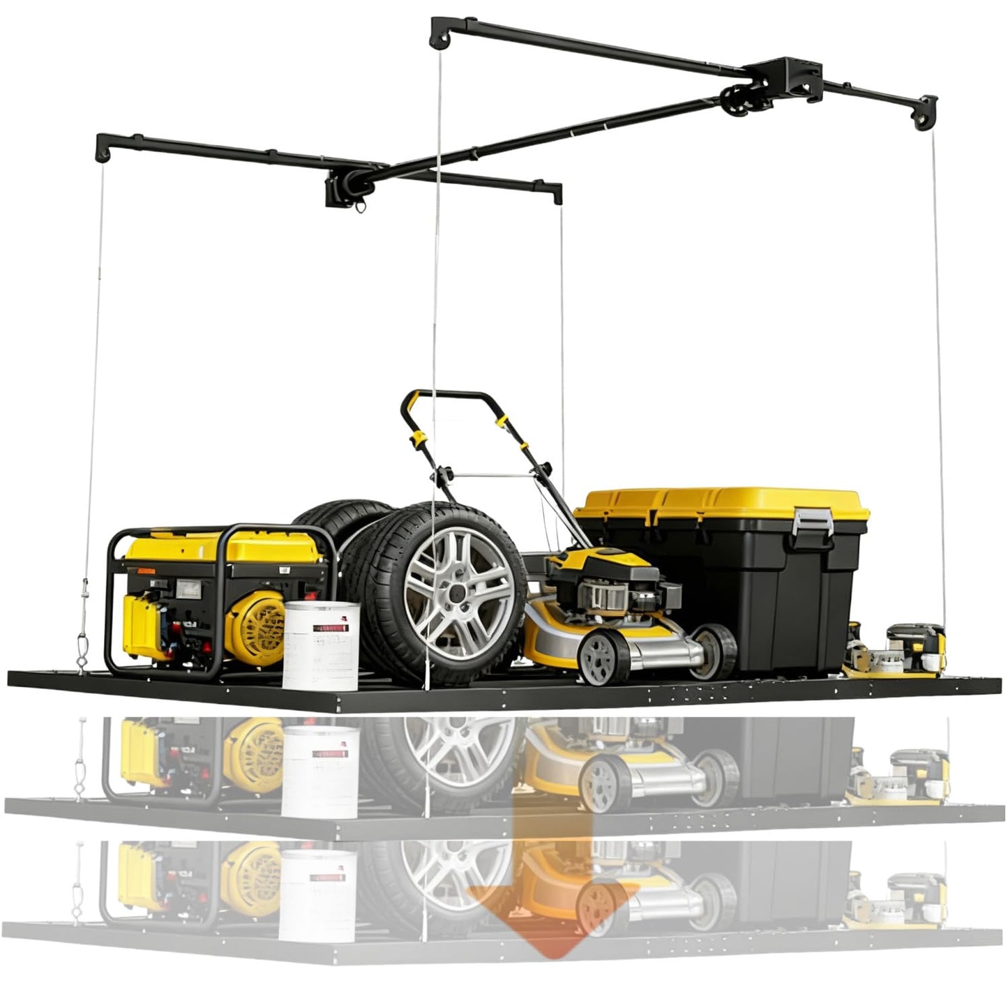 Overhead Garage Storage Lift-4x8 FT Overhead Garage Storage Rack, with Safety Lock, Heavy-Duty Adjustable Ceiling Storage 325 lbs Capacity Suitable for Tools Kayaks Ladder Storage Racks（Black）