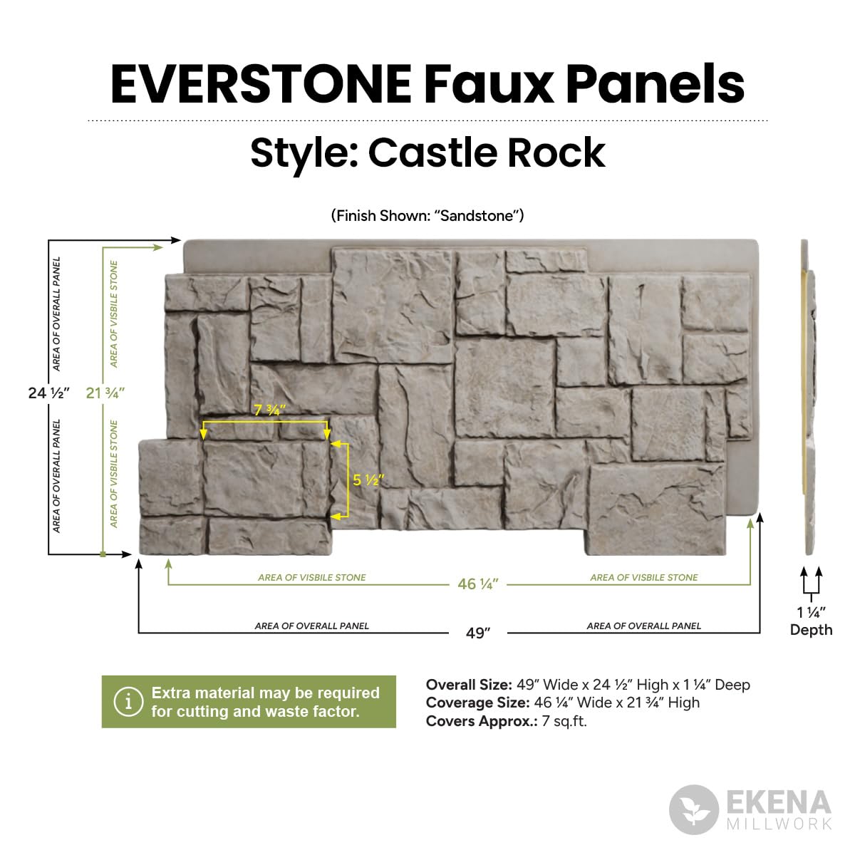 Ekena Millwork 49"W x 24 1/2"H x 1 1/4"D Castle Rock Stacked Stone, StoneWall Faux Stone Siding Panel, Colfax