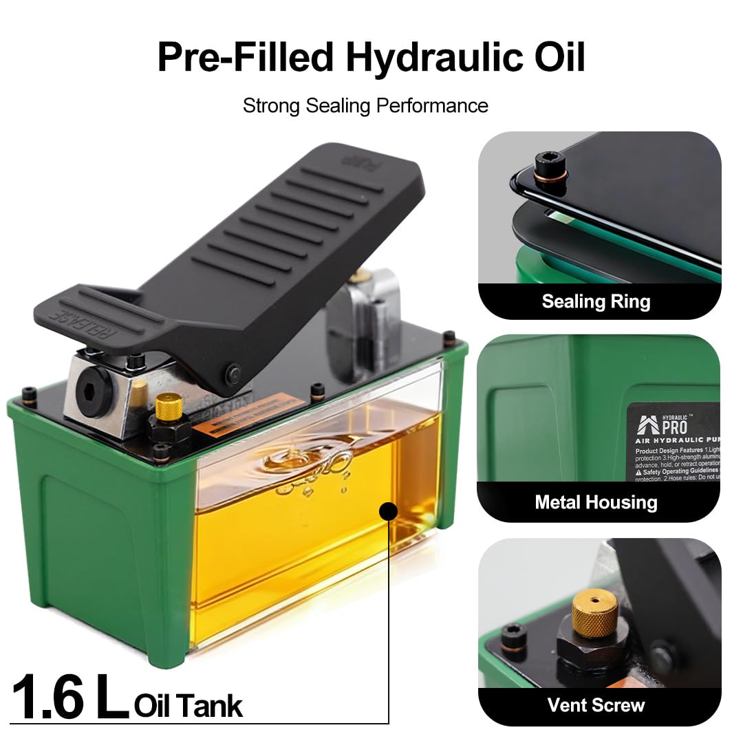 10,000 PSI Air Hydraulic Pump, NPT 3/8" Oil Outlet, NPT 1/4" Inlet, Foot Pedal Hydraulic Pumps with 6.6 ft Hose for for Auto Body Frame Machines, Hydraulic Tools, and Hole Punch