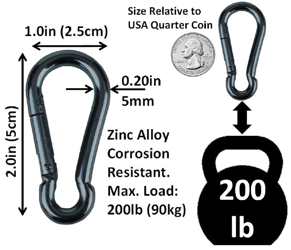 Branded Boards Black & Silver Zinc-Galvanized Heavy Duty Bushcraft Carabiner Spring Snap Clip Link Hooks 200-500lb Load 2, 6 & 12 Packs (Black-5cm-6 Pack)