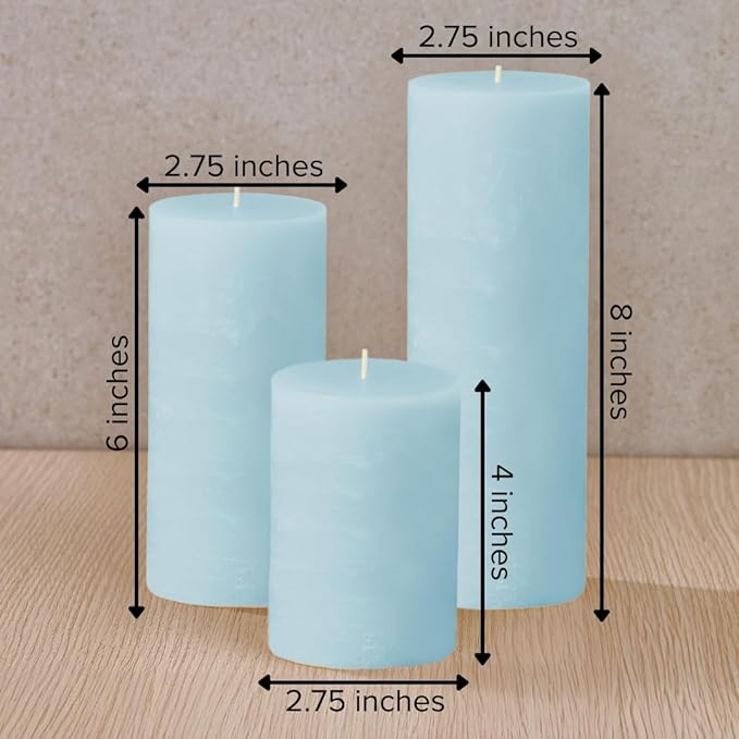Simply Soson 3x4, 3x6, 3x8 inch Light Blue Pillar Candles, Set of 3 Pillar Candles, Rustic Texture, Unscented Candles, Dripless Candles, Ideal as Wedding, Parties, Spa, Dinner, Home Decor, Church