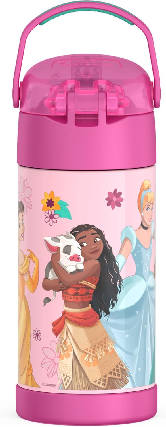 THERMOS FUNTAINER Water Bottle - 12 Ounce Stainless Steel Insulated Bottle with Straw | Princess Design