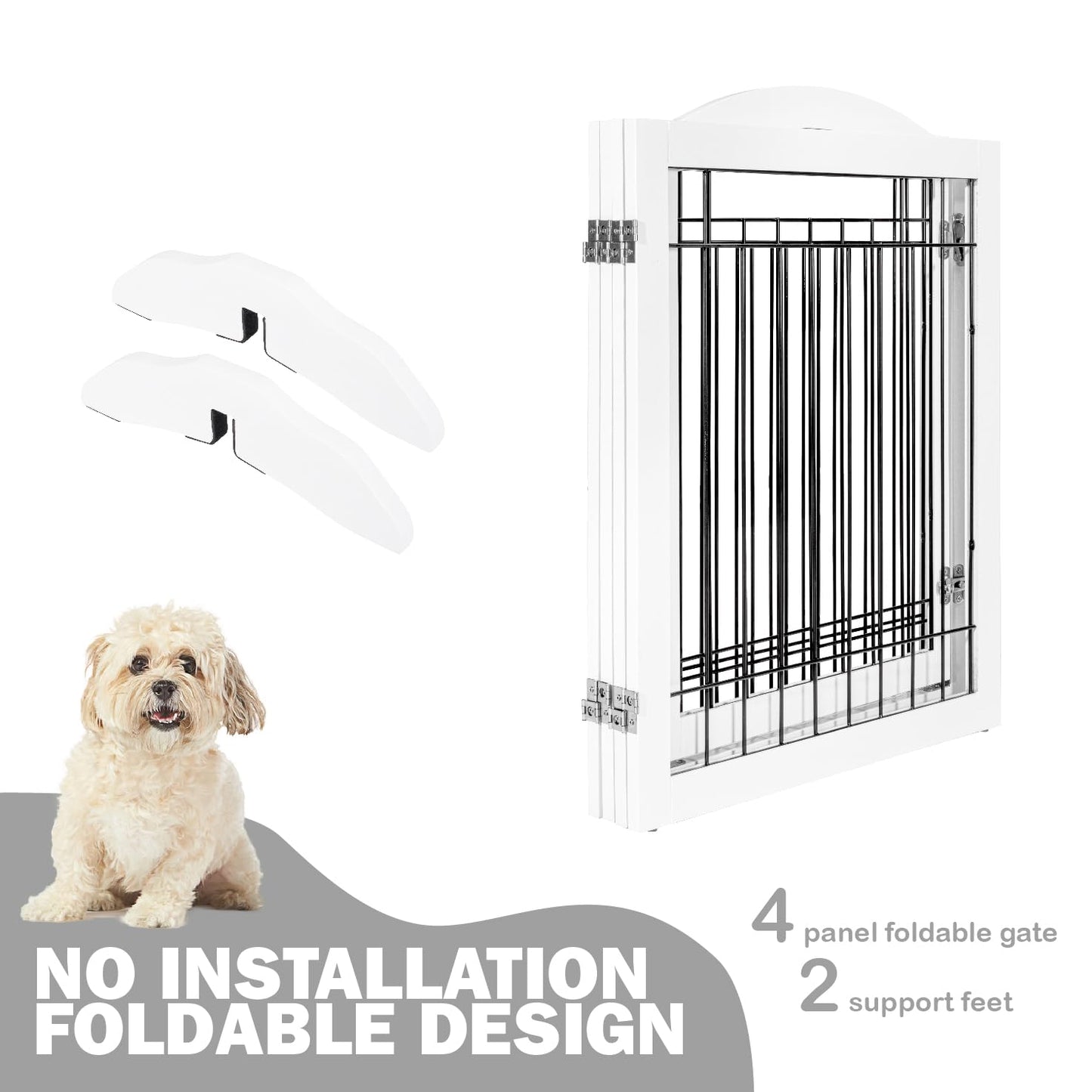 SPIRICH 96-inch Extra Wide 30-inches Tall Dog Gate with Door Walk Through, Freestanding Wire Pet Gate for The House, Doorway, Stairs, Pet Puppy Safety Fence, Support Feet Included (White)