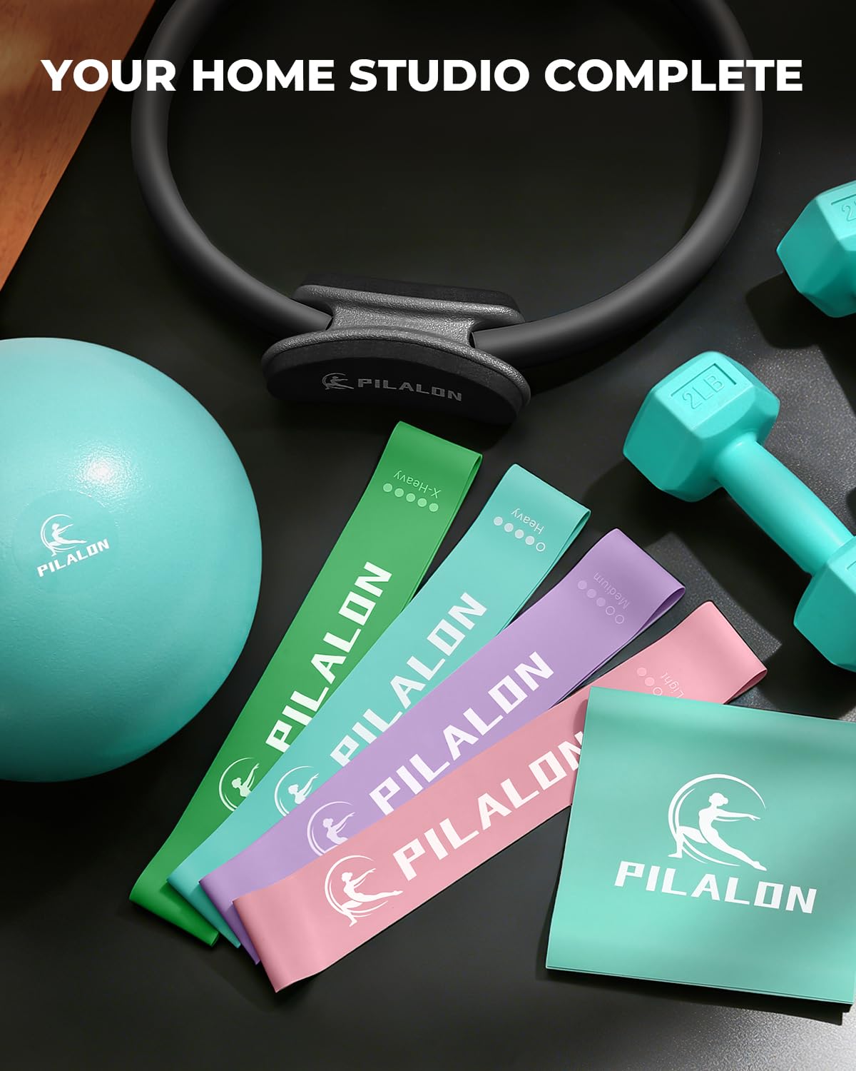 PILALON Pilates Ring Set - Studio-Grade Anti-Deformation Pilates Kit - Pilates Equipment for Home Workout - 14'' Pilates Ring, Pilates Ball, 2 Dumbbells, 5 Resistance Bands for Toning Arms, Thighs
