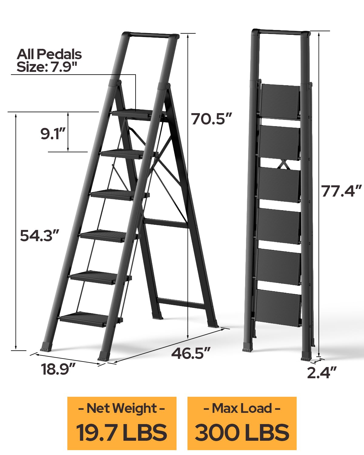 GameGem 6 Step Ladder for 12 Feet High Ceiling, Lightweight Aluminum Folding Step Stool with Convenient Handgrip, Stepladders with Anti-Slip and Wide Pedal for Home Use Space Saving - Black