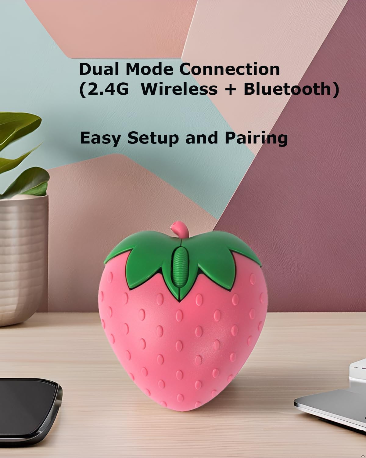 SHARE SUNSHINE Wireless Bluetooth Mouse Cute Pink Fruit Strawberry Shape Silent Portable Lightweight USB Optical