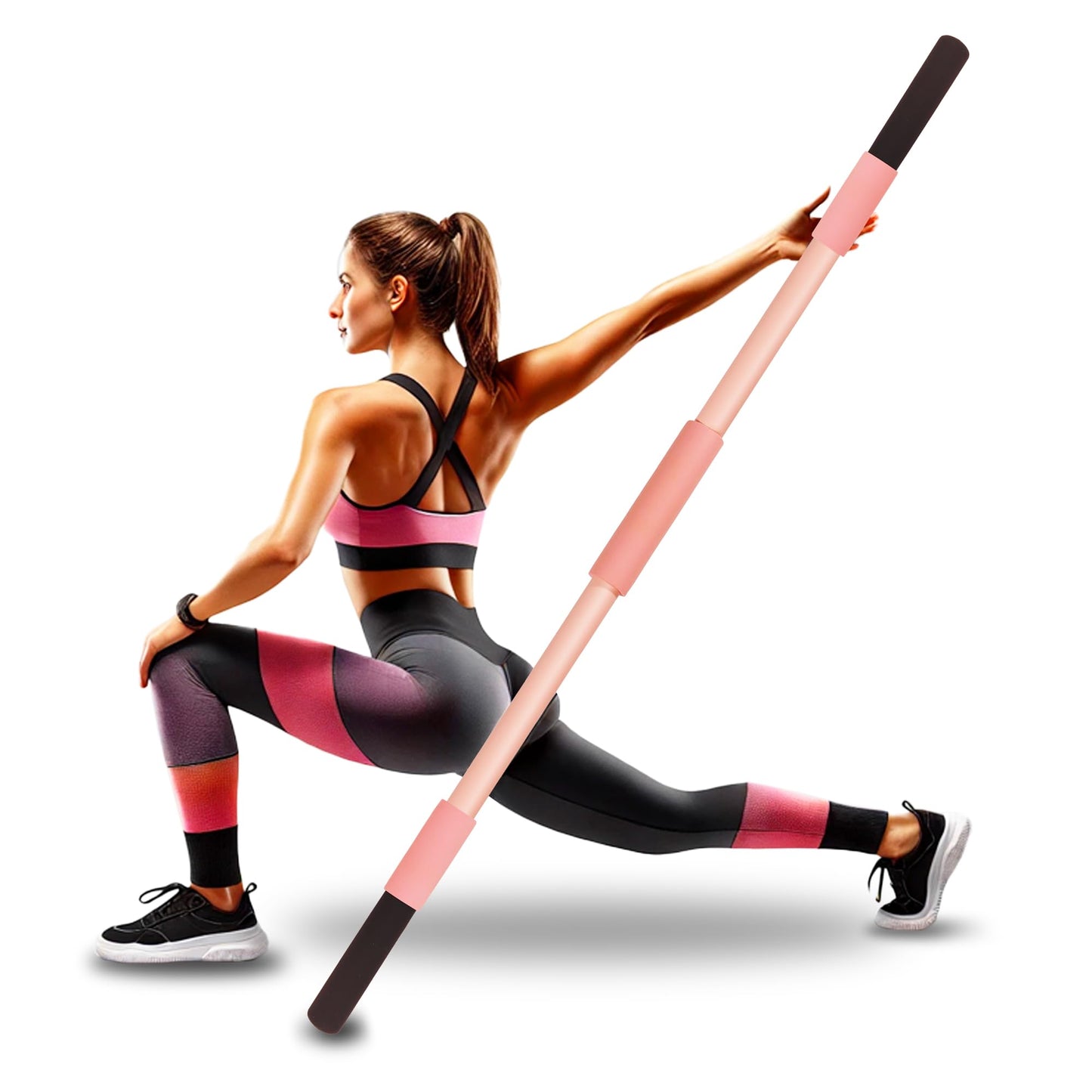 Scisum Pink Yoga Stick 58 Inch - Alloy Steel Stretching & Exercise Stick with Neck & Hand Pads, Shoulder Flexibility Tool for Yoga, Pilates & Home Gym Workouts