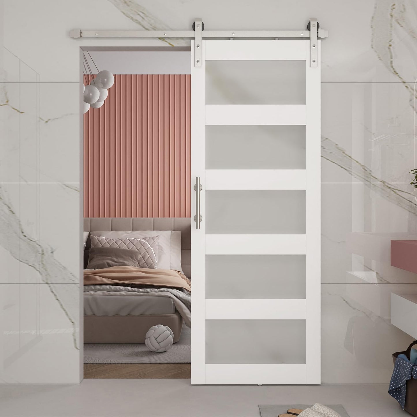 BARNSMITH 32in x 84in Glass Barn Door with 5.5FT Brushed Nickle Sliding Door Hardware Included & Handle,5-Panel Frosted Glass Solid Wood Water-Proof PVC Surface,Pre-Drilled Easy Assembly,White