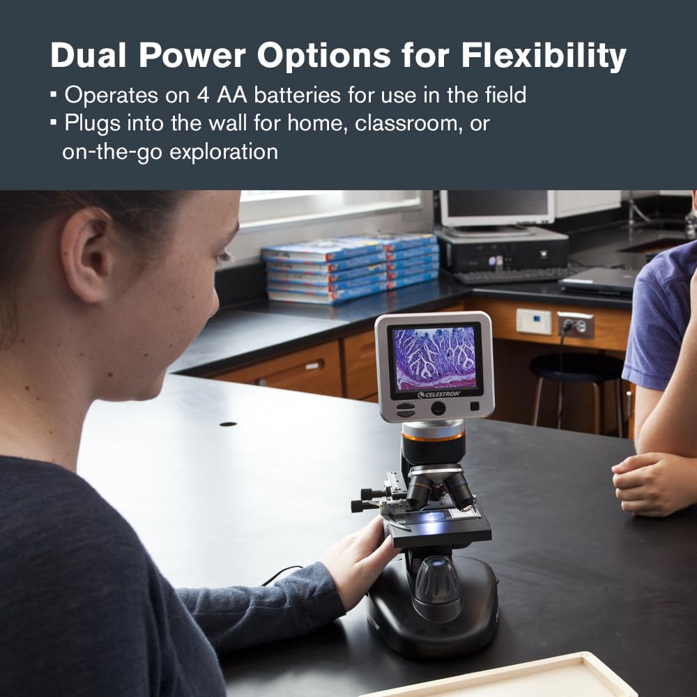 Celestron – LCD Digital Microscope II – 3.5" Screen – 5MP Camera – 40x–1600x Magnification – Rotating Head – SD Card Included – TV Output – Ideal for Slides, Labs, Classrooms, Biology, Education