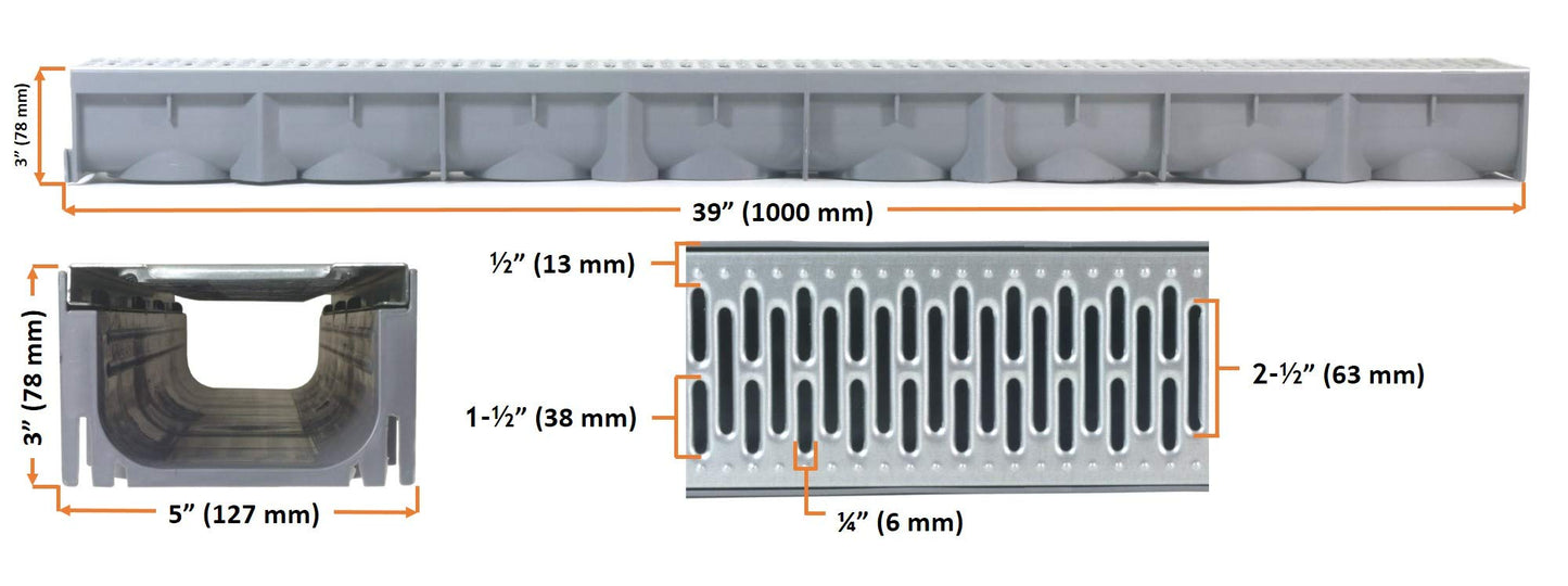 URA WATER - Model UA-100 - Drainage Trench Set - Channel Drain With Galvanized Steel Grate - 3 x 39" - (117" Total Length)