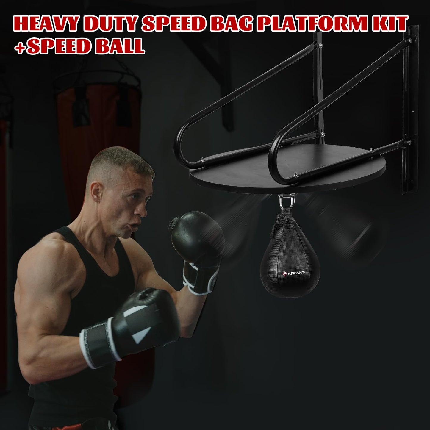 Afranti Heavy Duty Adjustable Speed Bag Platform Kit 24" with Speed Punching Ball (10"x7") Adjustable Height Wall Mount Professional Fitness Ball Boxing Reaction Training Set