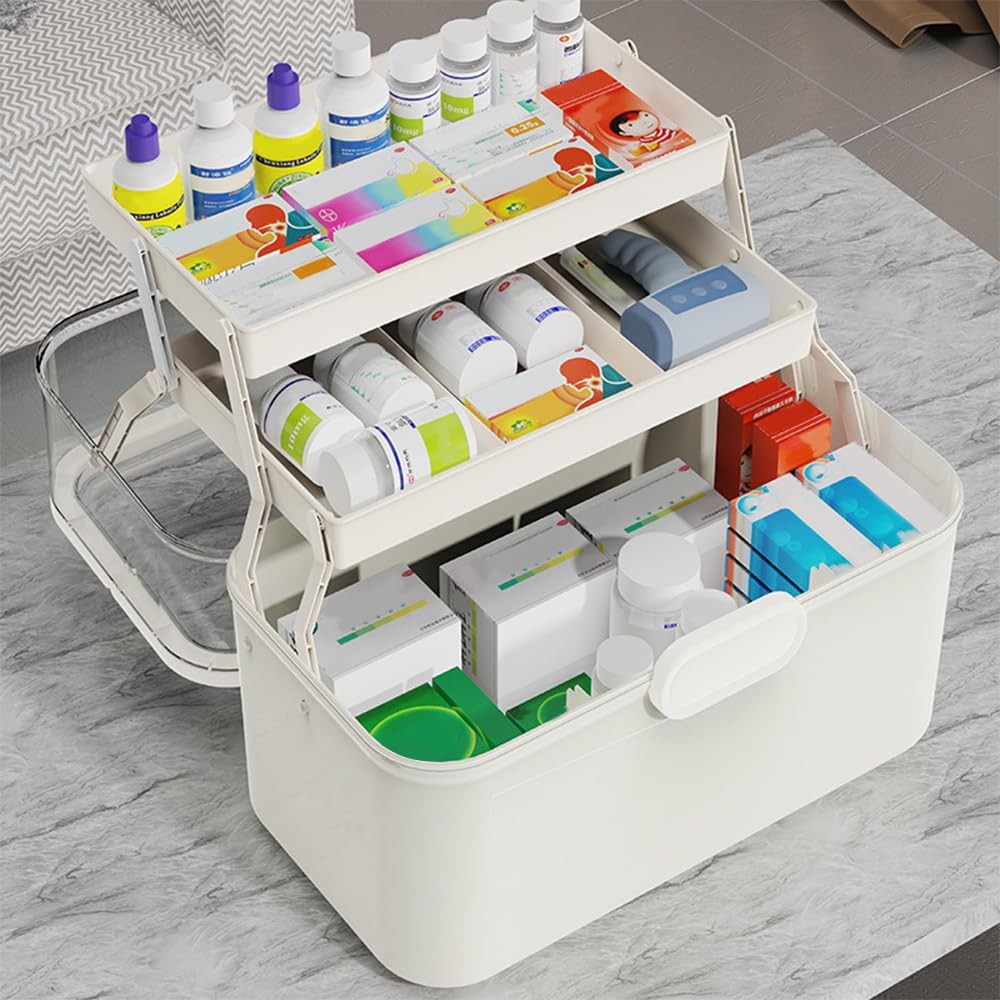 Skiennix Portable 3-Layer Medicine Organizer - Foldable First Aid Box with Removable Small Box | Dustproof & Moisture-Proof (Large)