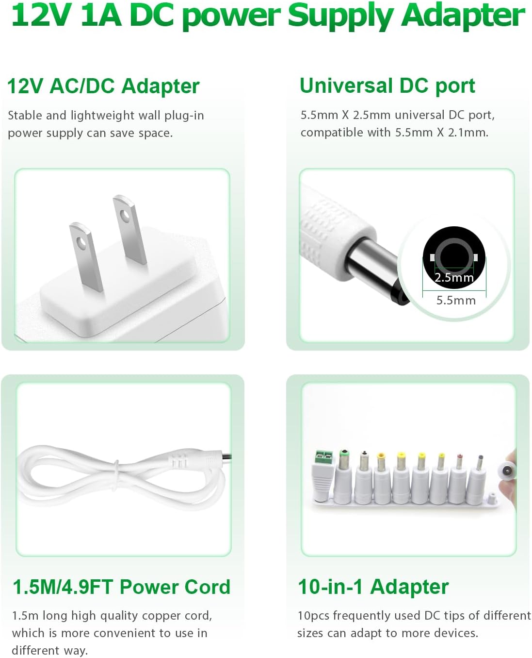 Arkare 12V 1A 12V 1A 0.8A 0.5A 100V-240V 12Volt 1000mA Power Supply Adapter AC Adapter Charger Replacement Power Cord