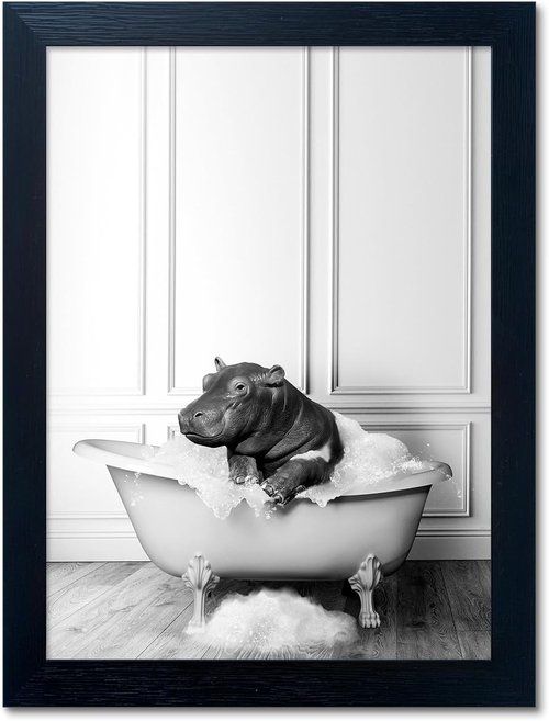 Funny Hippo in Bathtub Wall Art - Black and White Bathroom Decor | Framed Canvas Print