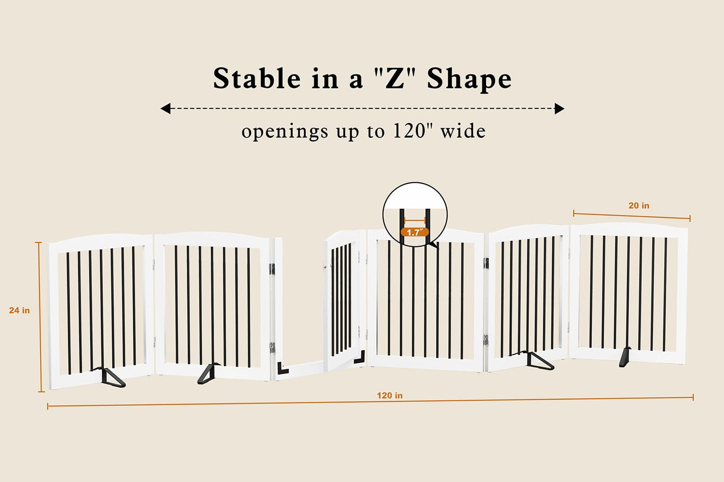 PUPETPO Freestanding Pet Gates with Walk Through Door, Dog Indoor Fence, Dog Gate for The House, Stairs, Extra Wide Pet Gate, Support Feet Included, 120 Inch Wide, 6 Panels 24" Tall, White & Black