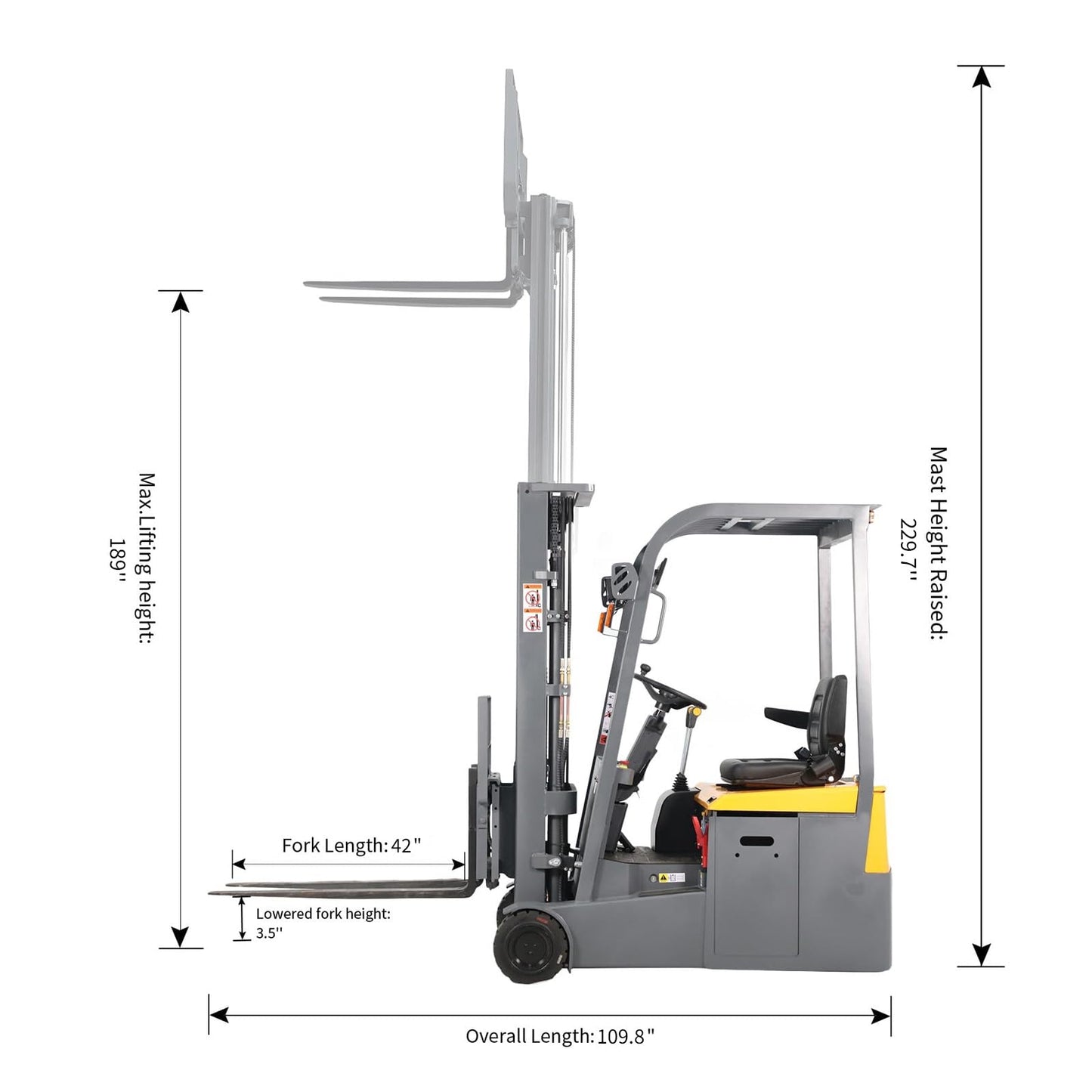 Apollo Full Electric Seated Forklift, 3 Wheels Powered Pallet Stacker 3300 lbs Cap. 189" Lifting Height, Rear-Drive Lithium Battery Version, A-3045