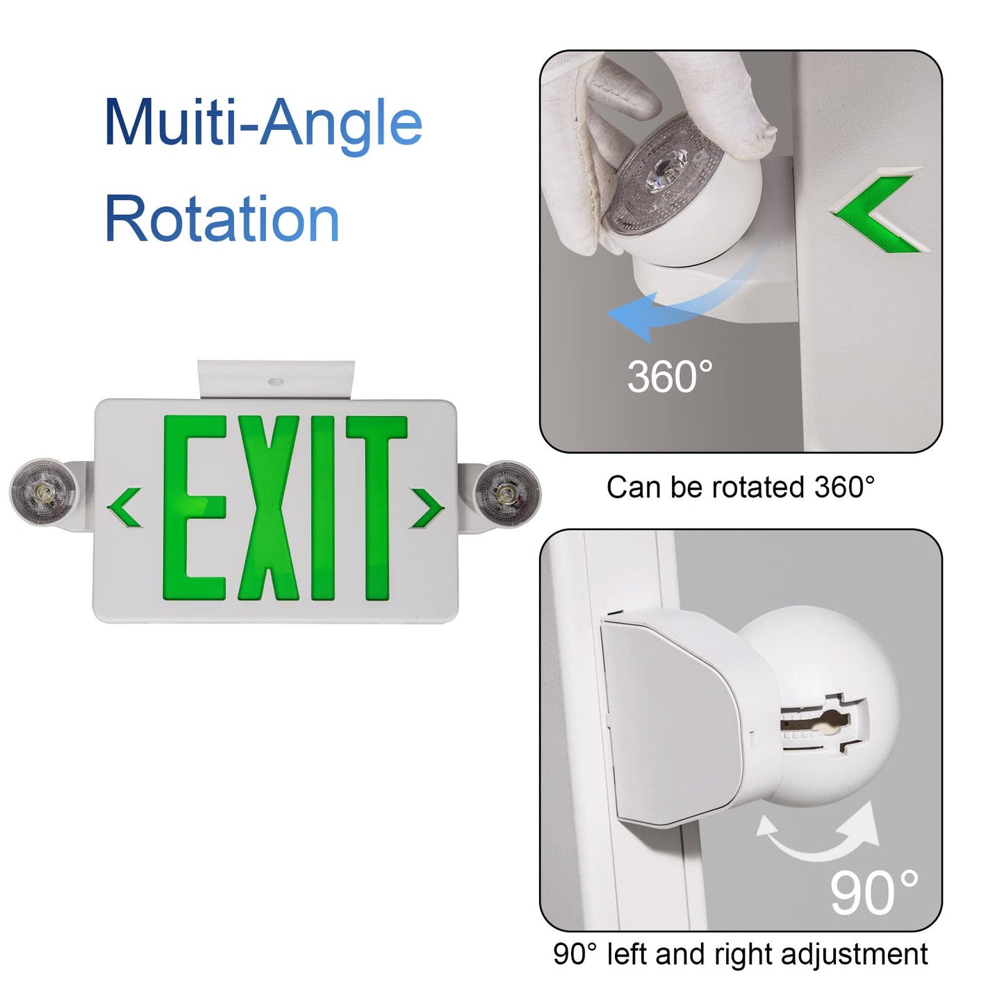GZRUIYANG Exit Sign with Emergency Lights Green, LED Emergency Exit Light with Battery Backup, UL 924 Certified, AC 120/277V, Commercial Emergency Lights Combo for Business - 2 Pack