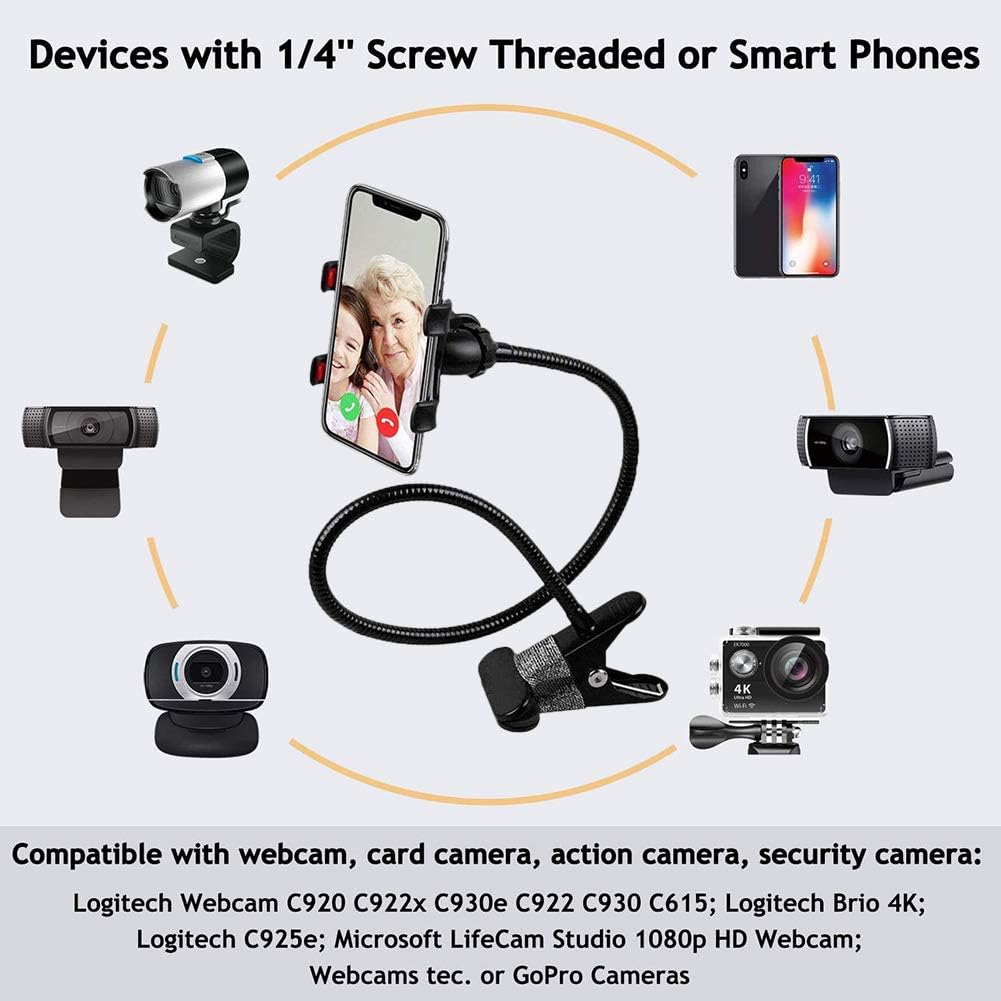 shenruifa 1/4 Inch 360 Adjustable Gooseneck Webcam Stand Phone Holder with Universal Screws, Flexible Arm Desk Bed