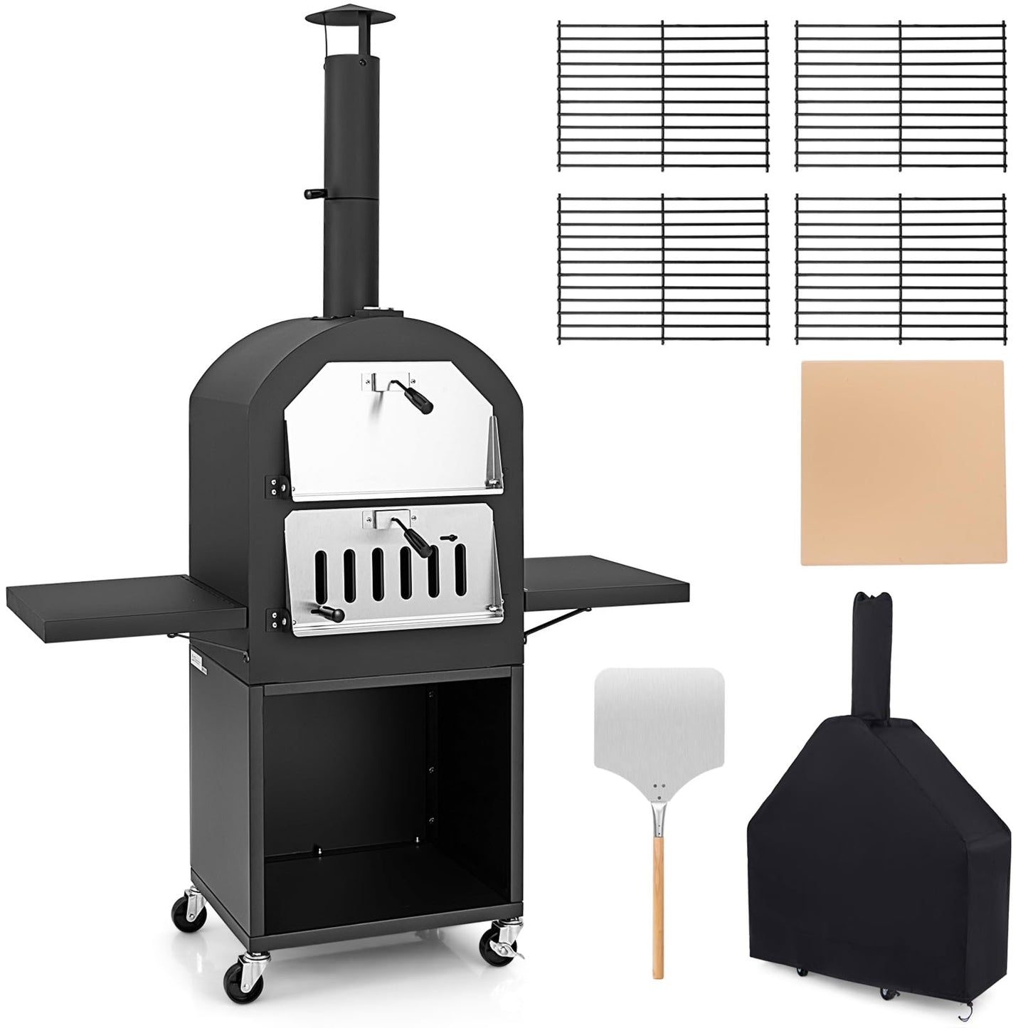 LDAILY Outdoor Pizza Oven, Wood Fired Pizza Maker with Side Shelves, Cooking Grids, Cover, Pizza Stone & Peel, Patio Portable Pizza Stove for Backyard, Camping & Party, Black