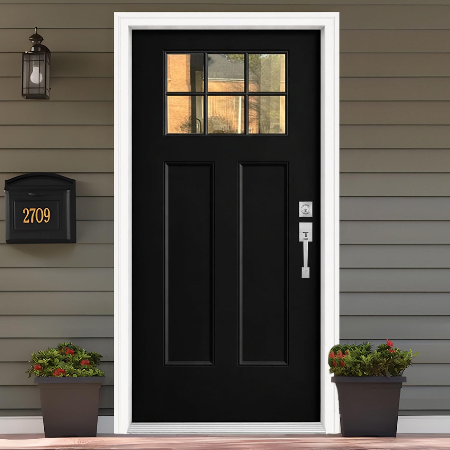 Fiberglass Front Entry Door, 36'' X 80" Black Exterior Door Left Hand Inswing with Brickmould, Vinyl Frame, Woodgrain Finish Knock-Down Door, 6-Lite Low-E Glass Energy Efficiency for Home's Entrance