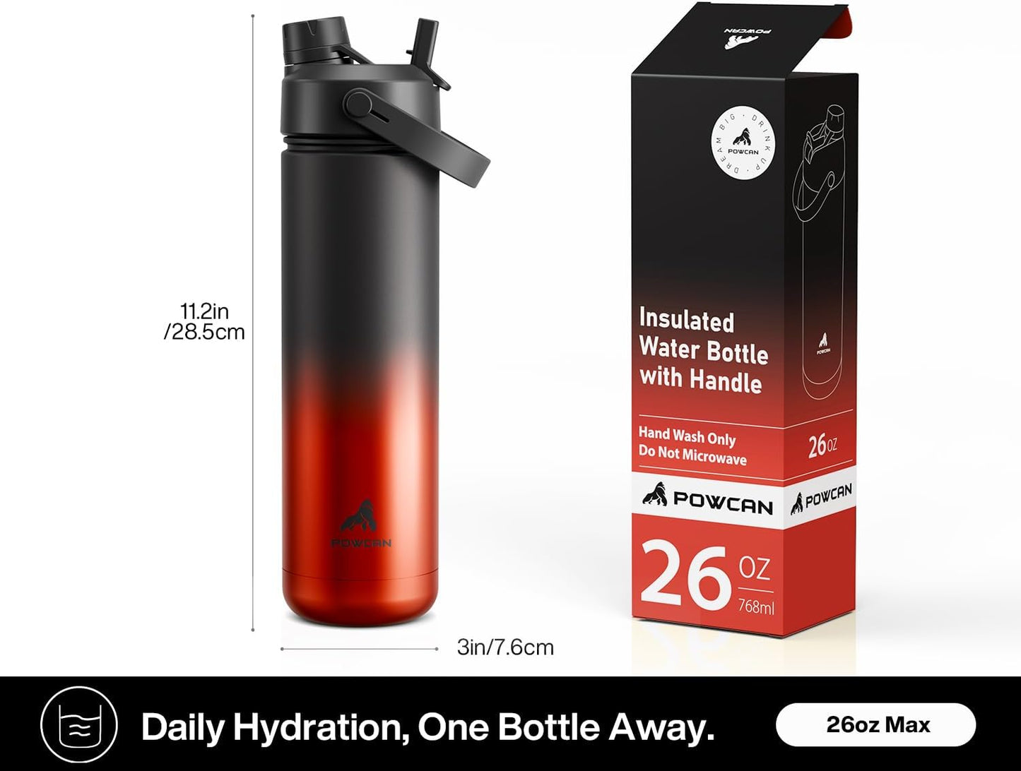 POWCAN 26 oz Insulated Water Bottle - 2-in-1 Straw & Spout Lid, Leak-Proof, Fits Car Cup Holder, Stainless Steel