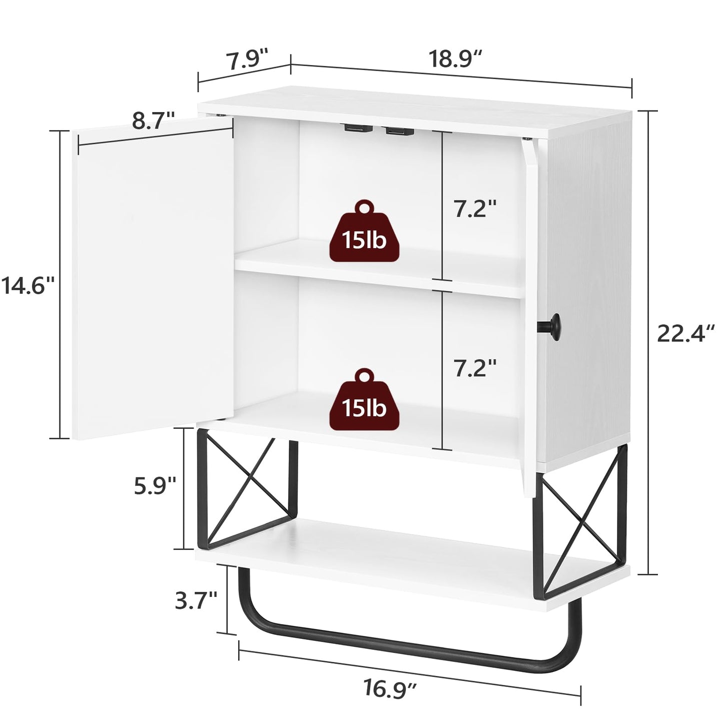 MAHANCRIS Bathroom Wall Cabinet with 2 Door and Adjustable Shelf, Farmhouse Medicine Cabinet with Towel Rack, 3-Tier Wall Mounted Storage Cabinet Over The Toilet for Bathroom, 18.9" L, White