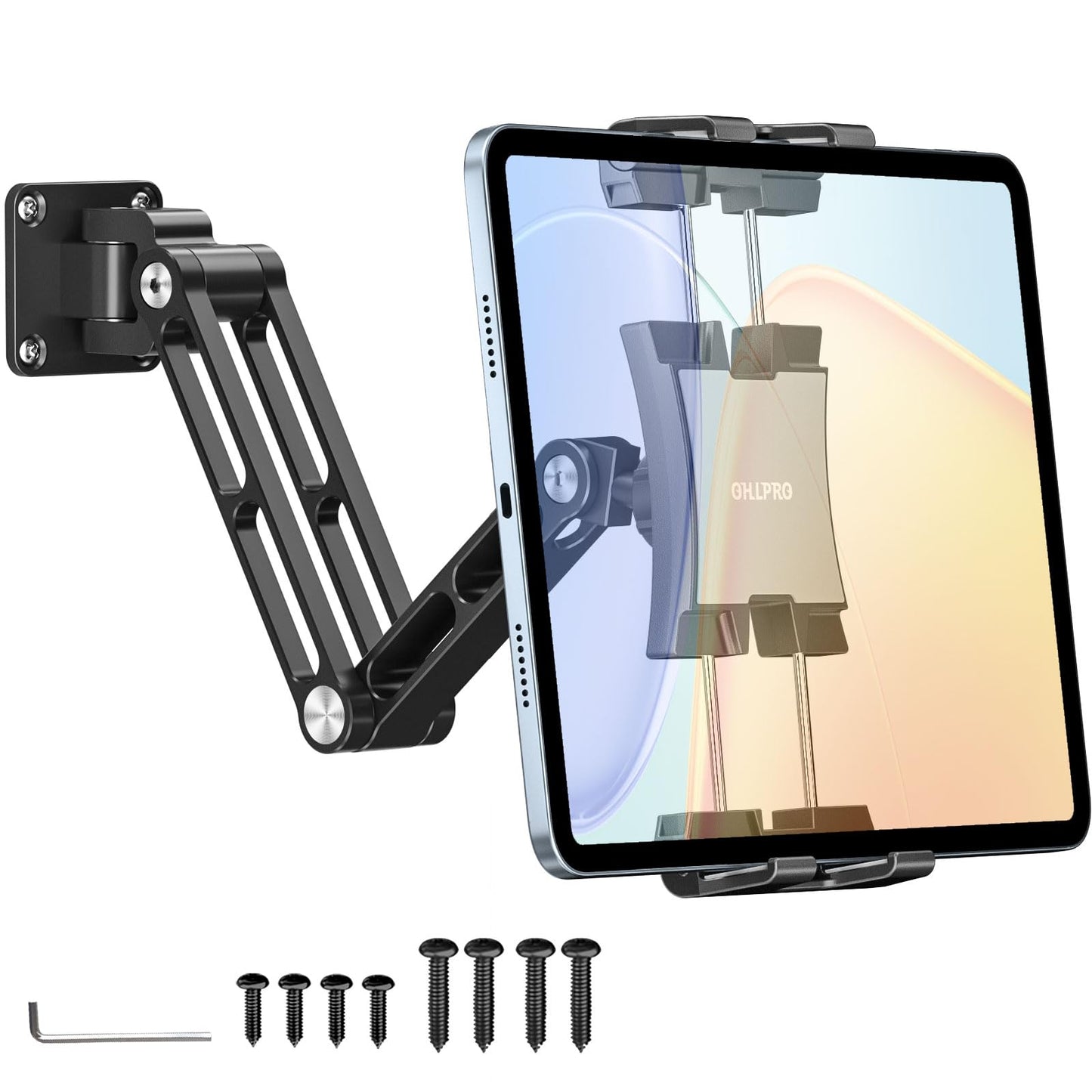 OHLPRO Tablet Wall Mount, Heavy Duty Aluminum iPad Wall Mount Holder with 360° Rotating 2-Stage Foldable Arm, Compatible for 5-13" Phones and Tablets, for Kitchen, Gym, Office, Home