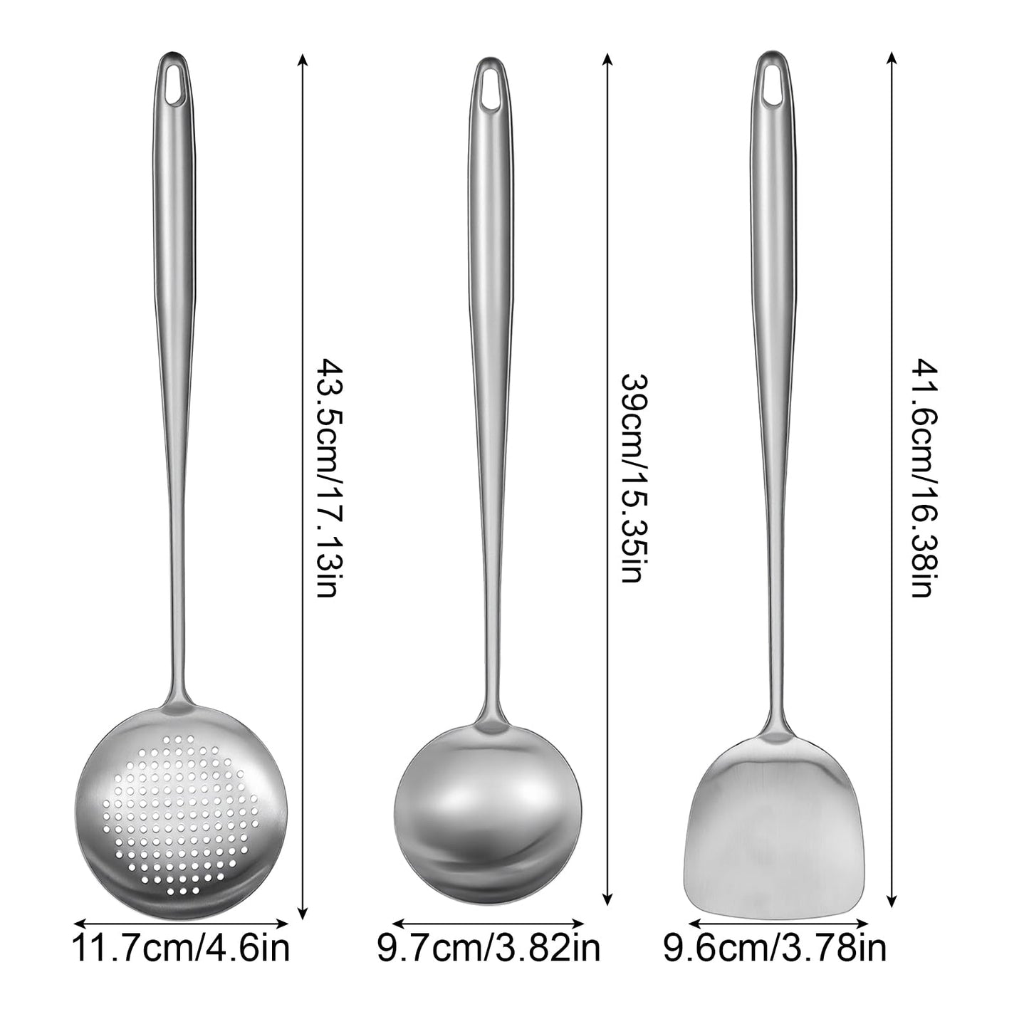 17” Wok Spatula and Ladle, Skimmer Spoon,Stainless Steel Wok Tools Professional Set,3pcs Extra Long Handle Cooking Tools, Metal Wok Cooking Utensils Set and Dishwasher Safe Wok Accessories