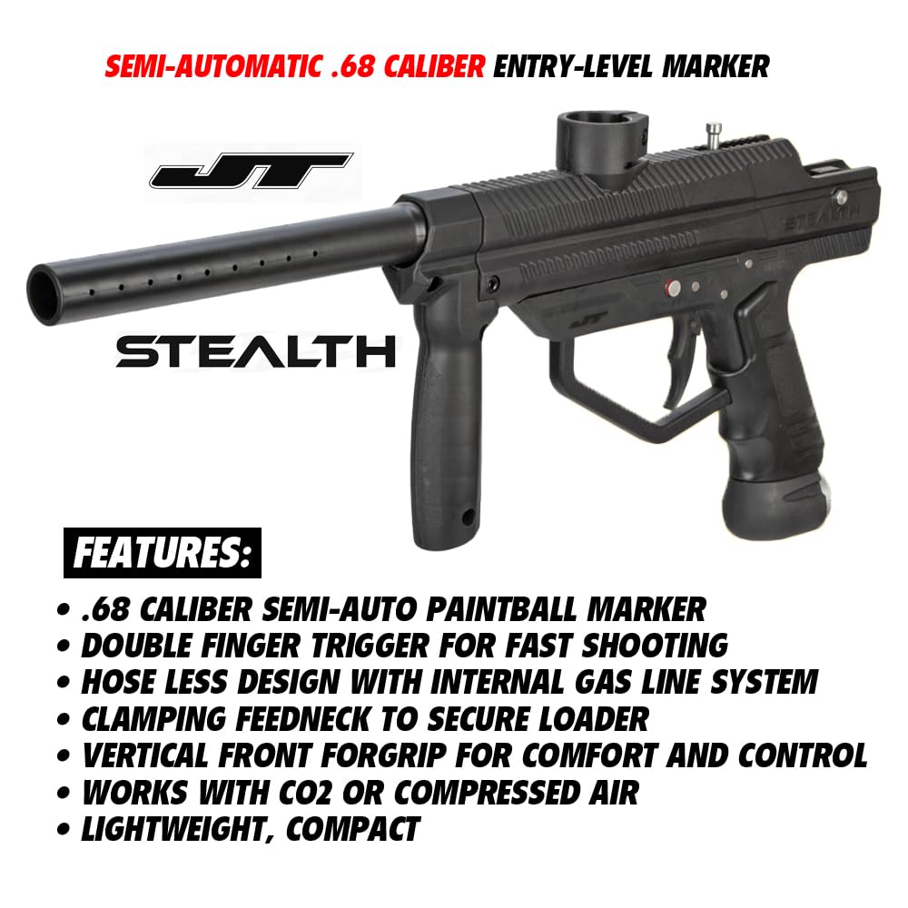 Maddog JT Stealth Basic Paintball Gun Marker and Accessory Starter Package [HPA] | Protective Kit - Marker, 48ci/3000psi Compressed Air Tank, Mask, Hopper, Pods, Harness & Protective Gear