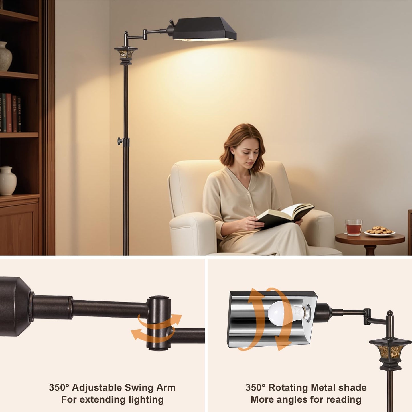Scenekoy Adjustable Height Smart LED Floor Lamp for Living Room Bedroom, Remote Control Traditional 350º Swing Arm Standing Lamp with Swivel Metal Shade, Decor for Reading House Home Office