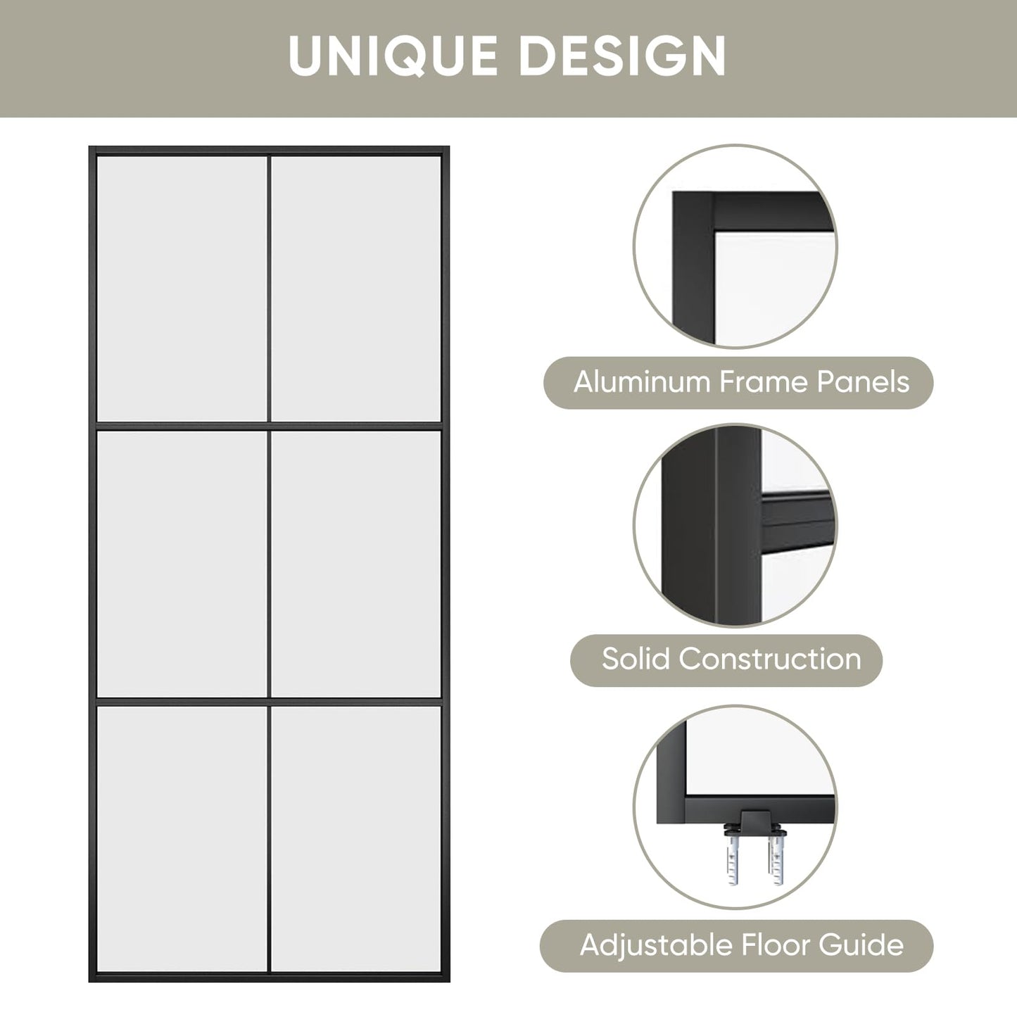 JUBEST 34in x 84in Glass Sliding Barn Door with 6ft Hardware kit, 3-Panel Black Aluminum Frame and Clear Tempered Glass Modern French Door, Easy to Install