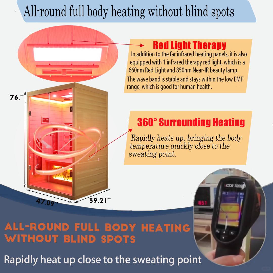 KUNSANA Ceramic Infrared Saunas 2 Person, Infrared Sauna with Red Light Therapy, Far & Near Infrared Sauna Indoor, Low EMF Infrared Sauna for Home, Deluxe Glass Home Sauna with Granite Backdrop