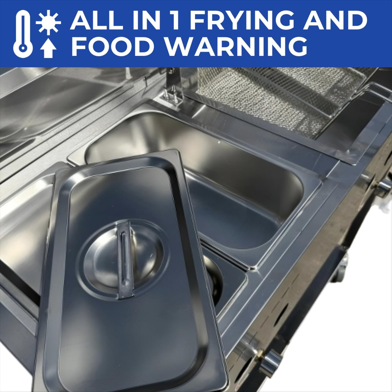 Deep Fryer Cart | 3 Gallon Single Tank | 2 Frying Baskets | 2 Pan Steam Table | Portable 4 Wheel | Stainless Steel | Frying Thermometer | Outdoor Propane Fryer for Chicken, Fish, & More