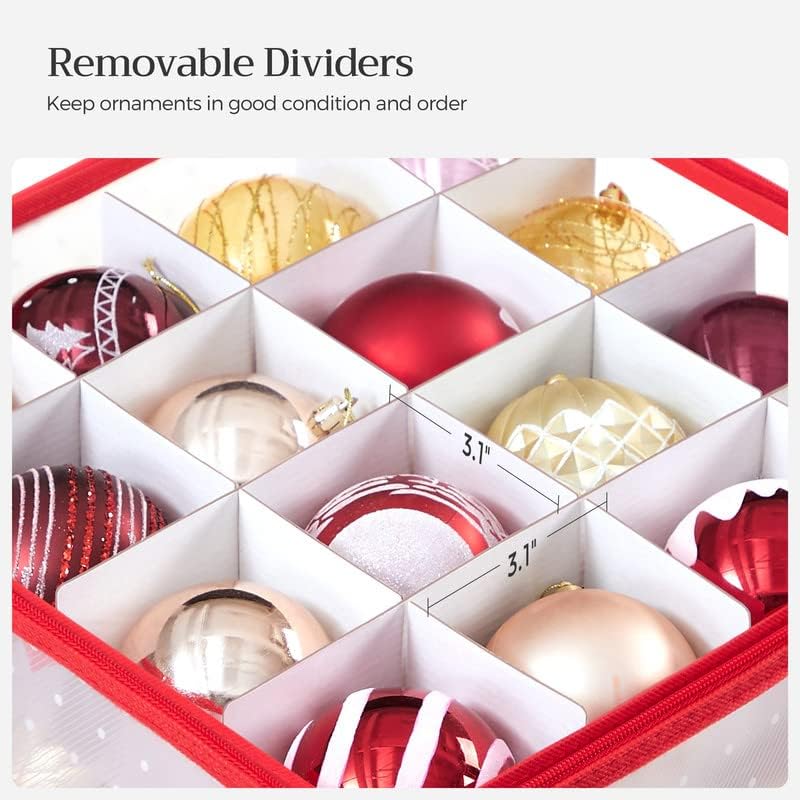 SONGMICS Christmas Ornament Storage Box - 128 Slots for 3-Inch Balls | Durable Plastic with Dual Zippers, Cherry Red